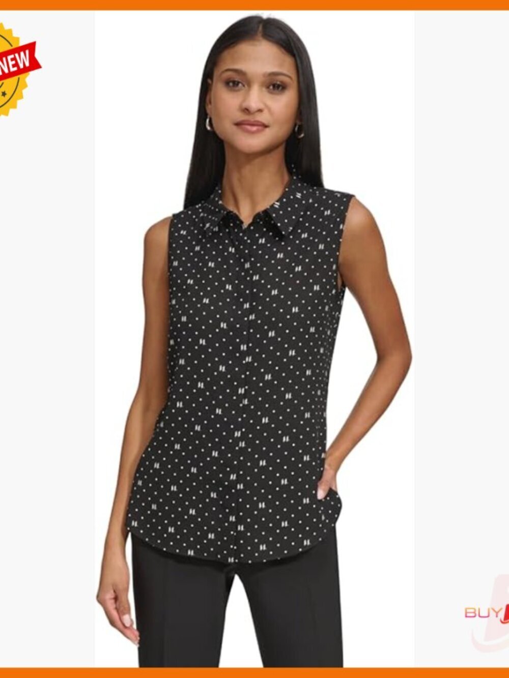 Sleeveless Collared Button Front Blouse, Regular Fit, Lightweight Polyester